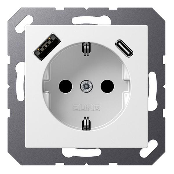 Розетка с заземлением Jung A и с USB-зарядным устройством тип A+тип С Белоснежный матовый