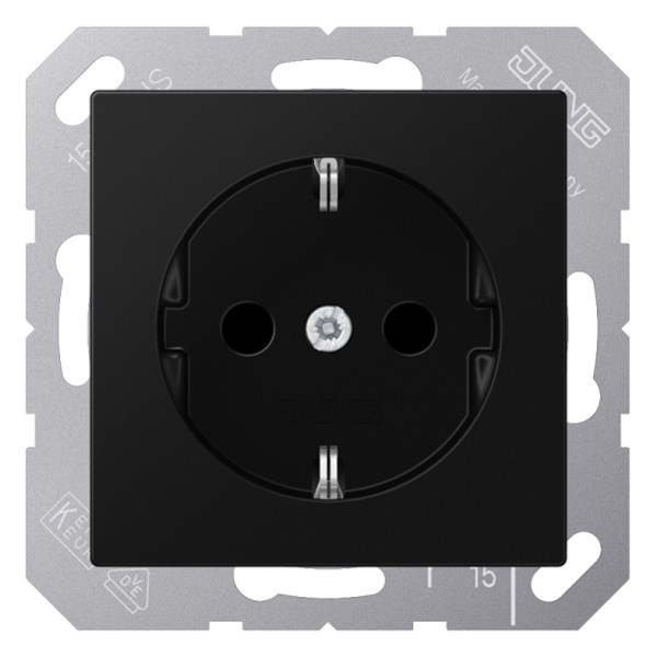 Розетка с заземлением Jung A автозажим с защитными шторками Черный матовый