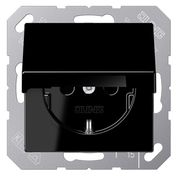 Розетка с заземлением Jung A автозажим с крышкой Черный матовый