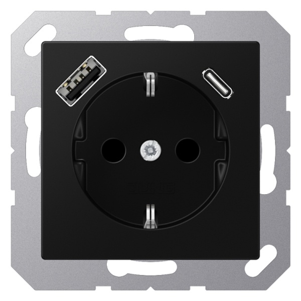 Розетка с заземлением Jung A и с USB-зарядным устройством тип A+тип С Черный матовый