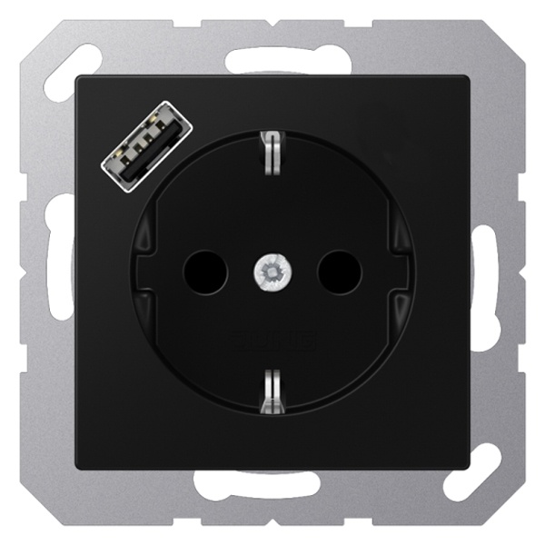 Розетка с заземлением Jung A и с USB-зарядным устройством тип С Черный матовый