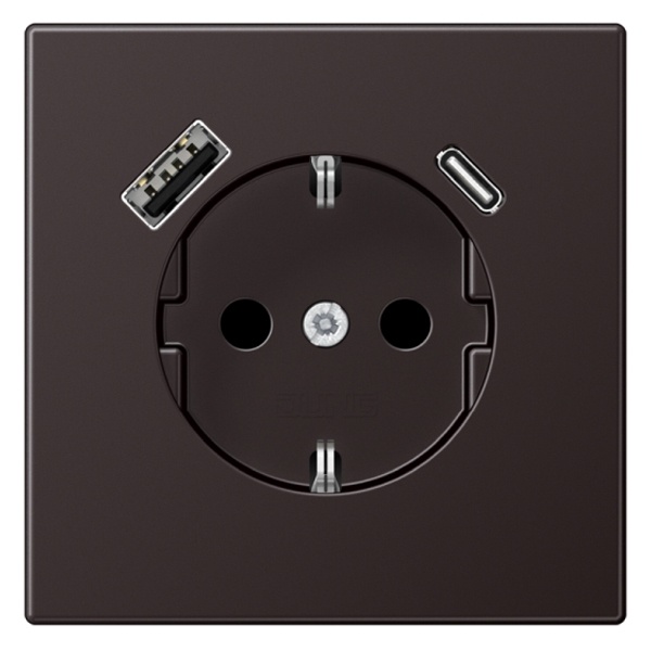 Розетка с заземлением Jung LS и с USB-зарядным устройством тип A+тип С Латунь Dark