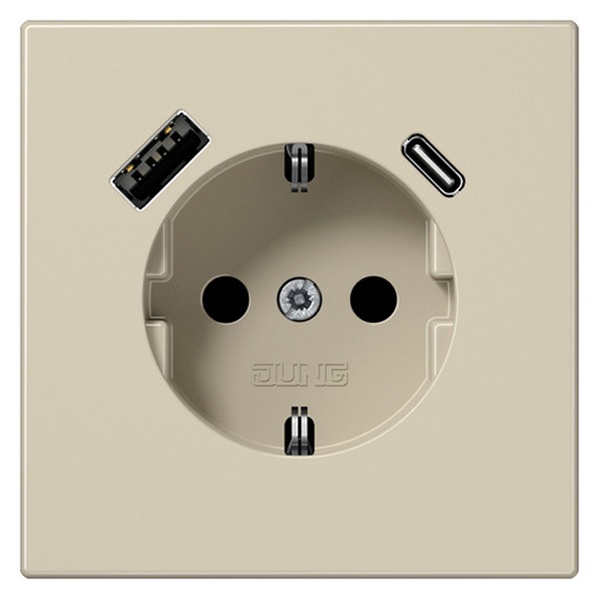 Розетка с заземлением Jung LS и с USB-зарядным устройством тип A+тип С Слоновая кость (бежевый)