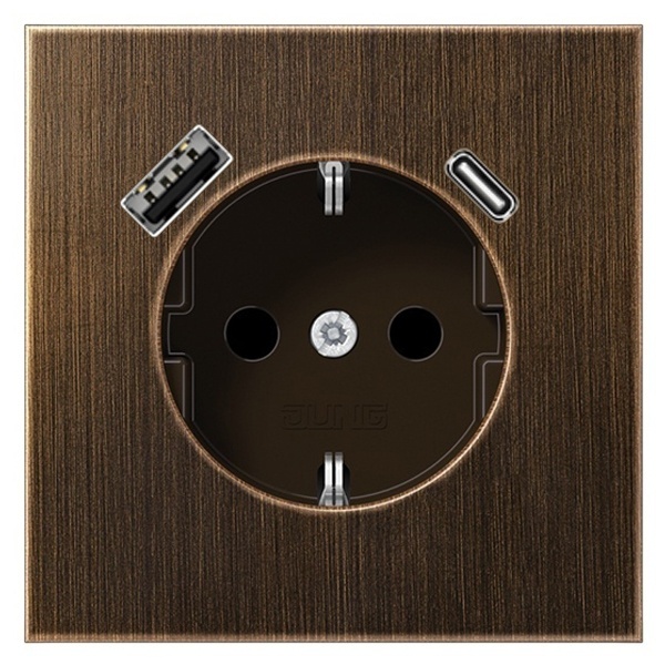 Розетка с заземлением Jung LS и с USB-зарядным устройством тип A+тип С Латунь Antik