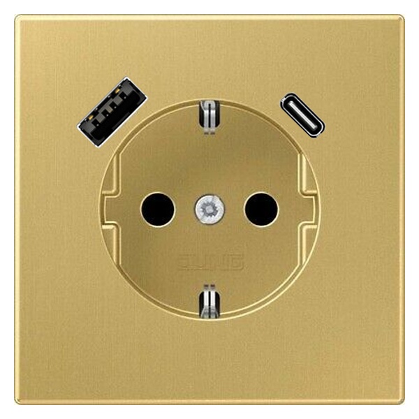 Розетка с заземлением Jung LS и с USB-зарядным устройством тип A+тип С Латунь Classic