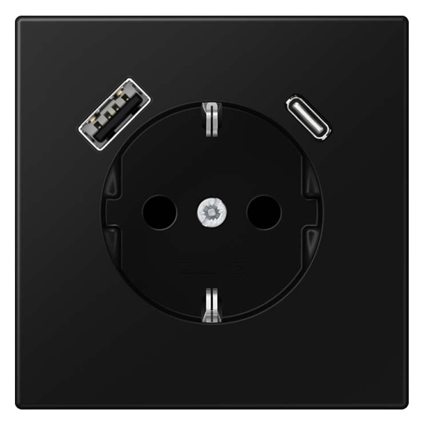 Розетка с заземлением Jung LS и с USB-зарядным устройством тип A+тип С Черный матовый