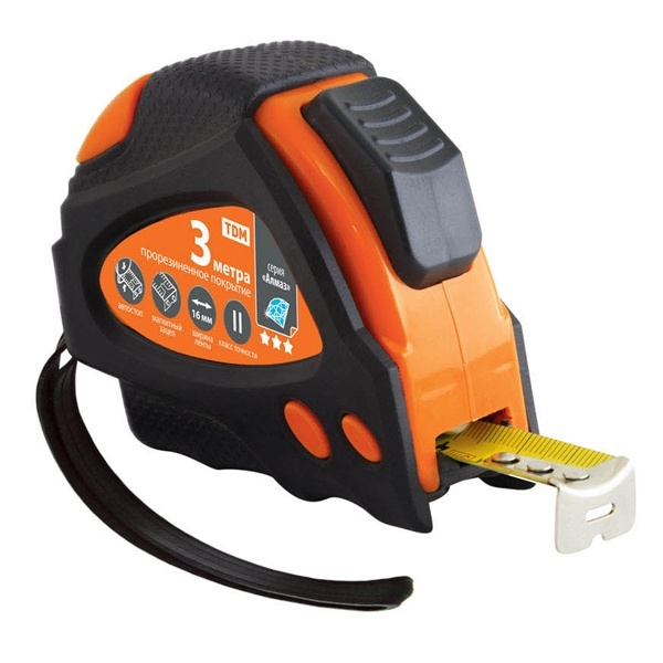 Рулетка TDM 3 м х 16 мм, тройная фиксация, автостоп, обрезиненный корпус, магнит, серия Алмаз
