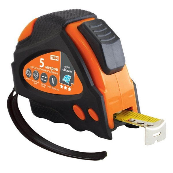 Рулетка TDM 5 м х 19 мм, тройная фиксация, автостоп, обрезиненный корпус, магнит, серия Алмаз