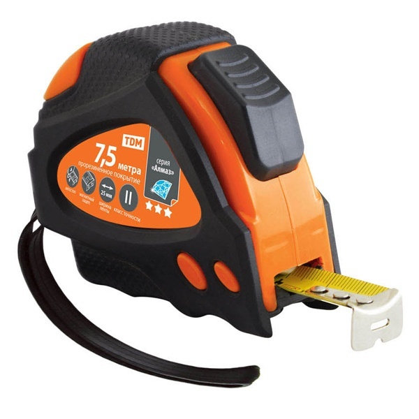 Рулетка TDM 7,5 м х 25 мм, тройная фиксация, автостоп, обрезиненный корпус, магнит, серия Алмаз