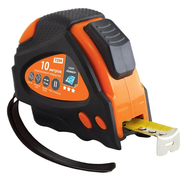 Рулетка TDM 10 м х 25 мм, тройная фиксация, автостоп, обрезиненный корпус, магнит, серия Алмаз
