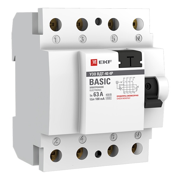 УЗО EKF Basic ВДТ-40 4P 63А/100мА (электронное) тип АС (ВДТ)