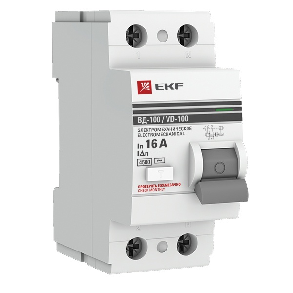УЗО EKF PROxima ВД-100 2P 16А/ 30мА (электромеханическое) АС (ВДТ)