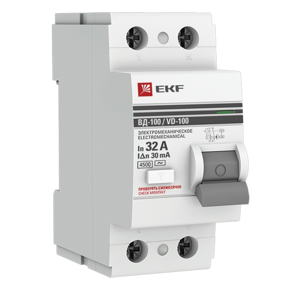 УЗО EKF PROxima ВД-100 2P 32А/ 30мА (электромеханическое) АС (ВДТ)