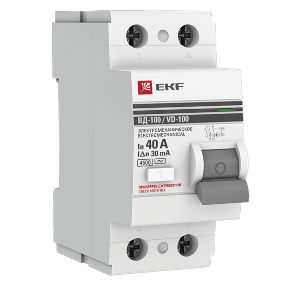 УЗО EKF PROxima ВД-100 2P 40А/ 30мА (электромеханическое) АС (ВДТ)