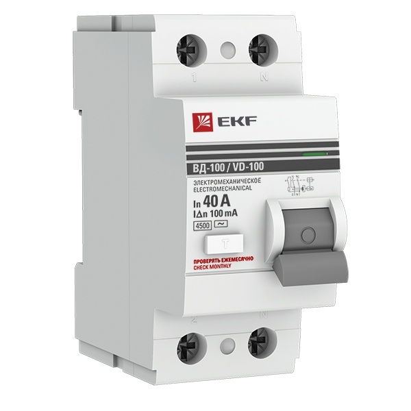 УЗО EKF PROxima ВД-100 2P 40А/100мА (электромеханическое) АС (ВДТ)
