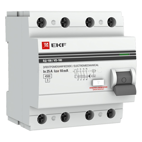 УЗО EKF PROxima ВД-100 4P 25А/ 10мА (электромеханическое) АС (ВДТ)
