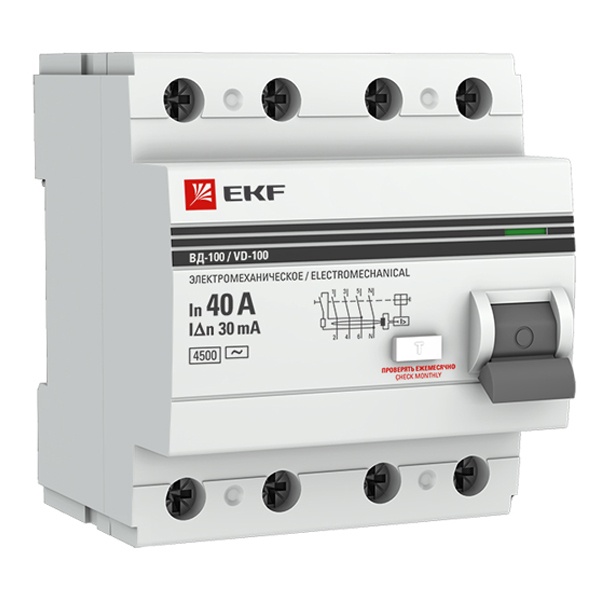 УЗО EKF PROxima ВД-100 4P 40А/ 30мА (электромеханическое) АС (ВДТ)