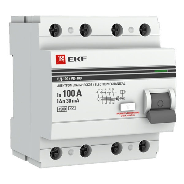 УЗО EKF PROxima ВД-100 4P 100А/ 30мА (электромеханическое) АС (ВДТ)