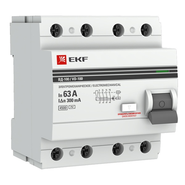 УЗО EKF PROxima ВД-100 4P 63А/300мА (электромеханическое) АС (ВДТ)