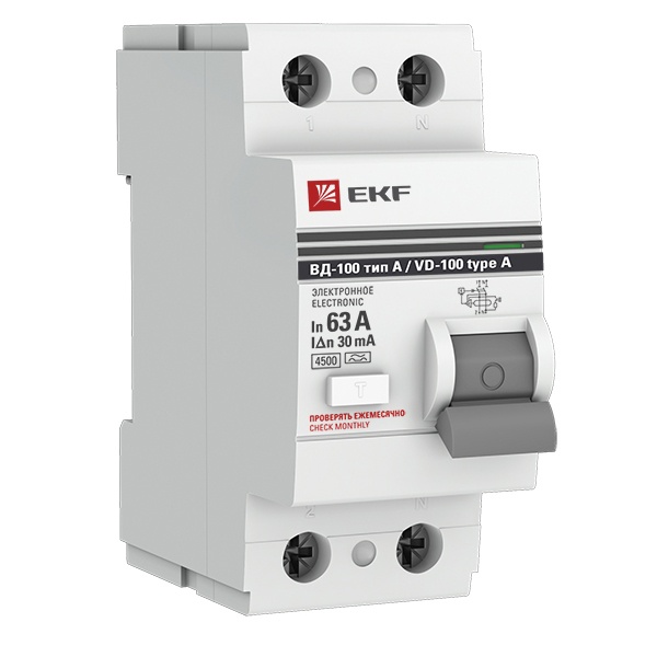 УЗО EKF PROxima ВД-100 2P 63А/ 30мА (электронное) А (ВДТ)