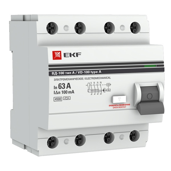 УЗО EKF PROxima ВД-100 4P 63А/100мА (электромеханическое) А (ВДТ)