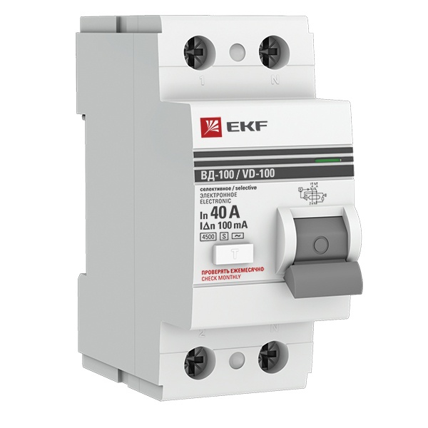 УЗО EKF PROxima ВД-100 2P 40А/100мА (электромеханическое) АС селективное (ВДТ)