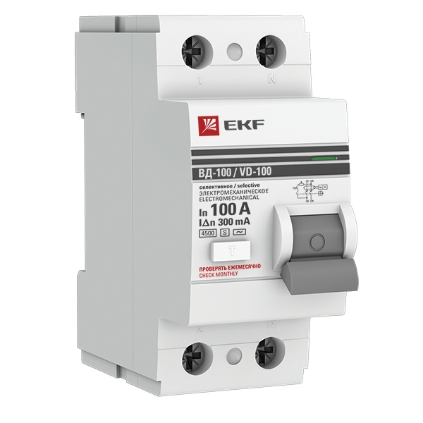 УЗО EKF PROxima ВД-100 2P 100А/300мА (электромеханическое) АС селективное (ВДТ)