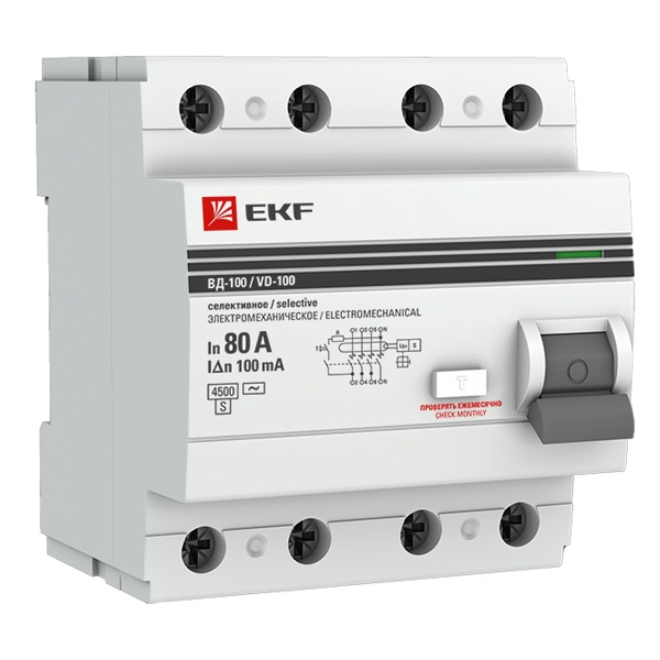УЗО EKF PROxima ВД-100 4P 80А/100мА (электромеханическое) АС селективное (ВДТ)