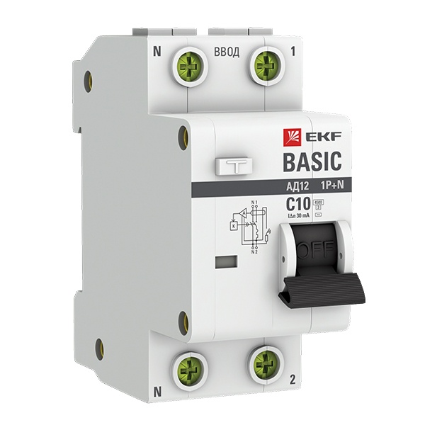 Дифференциальный автомат EKF Basic АД-12 1P+N C10А 30мА тип АС однофазный электронный 4,5кА (дифавтомат, АВДТ)