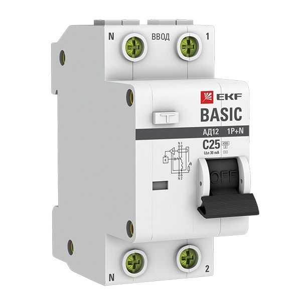 Дифференциальный автомат EKF Basic АД-12 1P+N C25А 30мА тип АС однофазный электронный 4,5кА (дифавтомат, АВДТ)