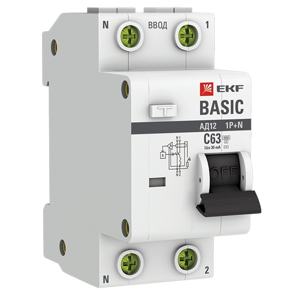Дифференциальный автомат EKF Basic АД-12 1P+N C63А 30мА тип АС однофазный электронный 4,5кА (дифавтомат, АВДТ)