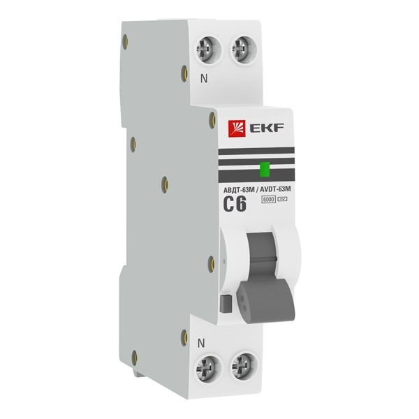 Дифавтомат EKF PROxima АВДТ-63М 1P+N C6А 30мА тип АС однофазный электронный 6кА 1 модуль (дифференциальный автомат, АВДТ)