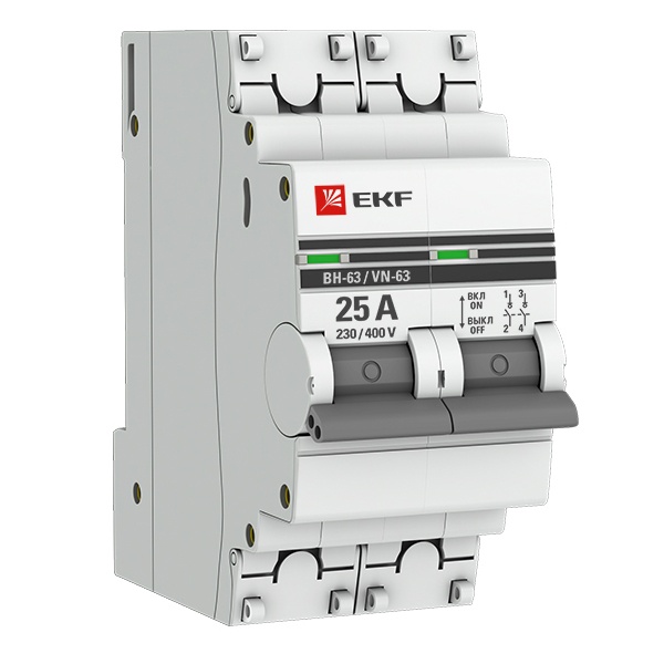 Рубильник модульный EKF PROxima ВН-63 2P 25А однофазный (выключатель нагрузки)
