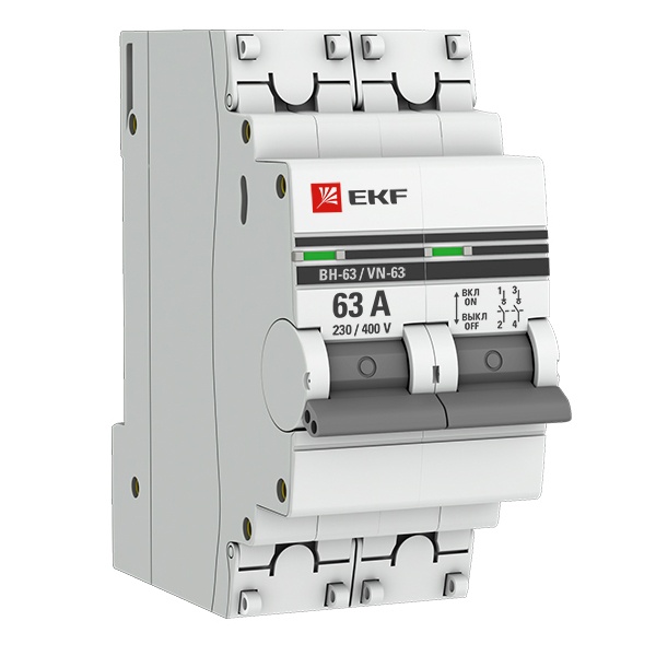 Рубильник модульный EKF PROxima ВН-63 2P 63А однофазный (выключатель нагрузки)