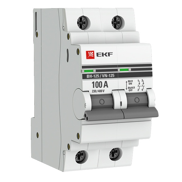 Рубильник модульный EKF PROxima ВН-125 2P 100А однофазный (выключатель нагрузки)