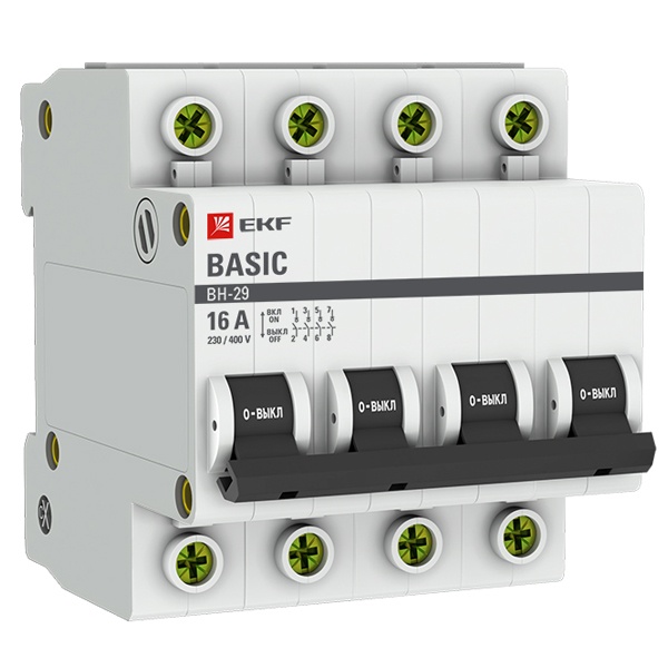 Рубильник модульный EKF Basic ВН-29 4P 16А трехфазный (выключатель нагрузки)