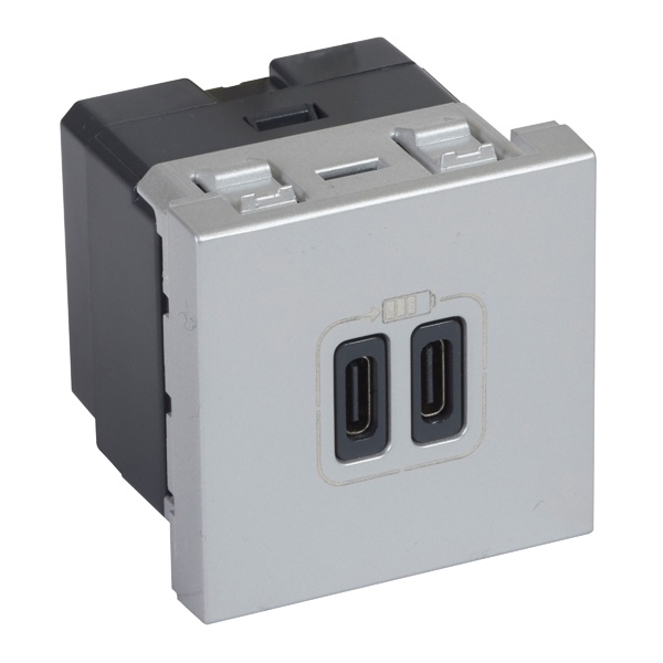 Розетка 2xUSB тип С Legrand Mosaic для зарядки 2 модуля алюминий