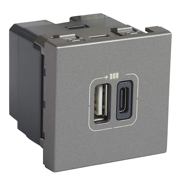 Розетка 2xUSB тип С и тип А Legrand Mosaic для зарядки 2 модуля алюминий