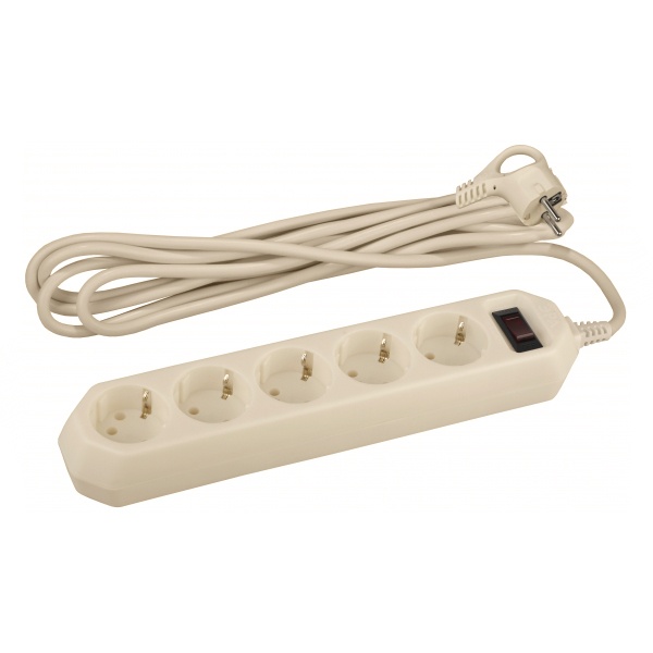 Сетевой фильтр ЭРА USF-5es 5 розеток с заземлением и выключателем кабель 5 метра слоновая кость (бежевый)