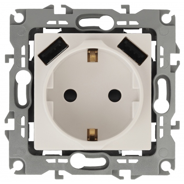 Розетка ЭРА 2P+E 16A 250В со шторками и зарядкой 2xUSB 5В 3А12, слоновая кость 12-4109-02 (бежевый)