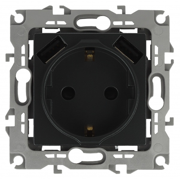 Розетка ЭРА 2P+E 16A 250В со шторками и зарядкой 2xUSB 5В 3А12, антрацит 12-4109-05