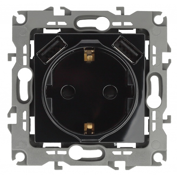 Розетка ЭРА 2P+E 16A 250В со шторками и зарядкой 2xUSB 5В 3А12, черный 12-4109-06