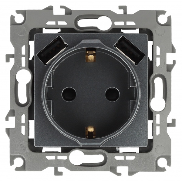 Розетка ЭРА 2P+E 16A 250В со шторками и зарядкой 2xUSB 5В 3А12, графит 12-4109-12