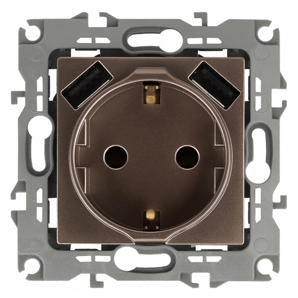 Розетка ЭРА 2P+E 16A 250В со шторками и зарядкой 2xUSB 5В 3А12, бронза 12-4109-13