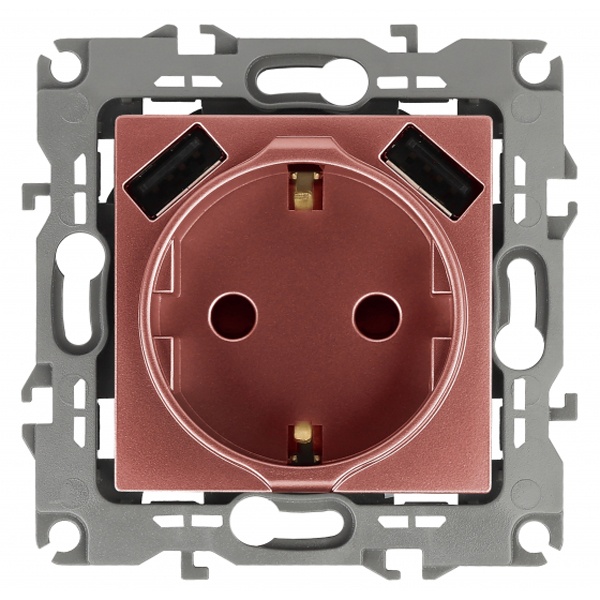 Розетка ЭРА 2P+E 16A 250В со шторками и зарядкой 2xUSB 5В 3А12, медь 12-4109-14