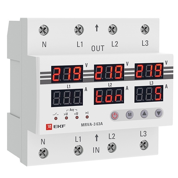 Трехфазное реле напряжения и тока с дисплеем EKF MRVA-3 63A питание 80-400В 50Гц
