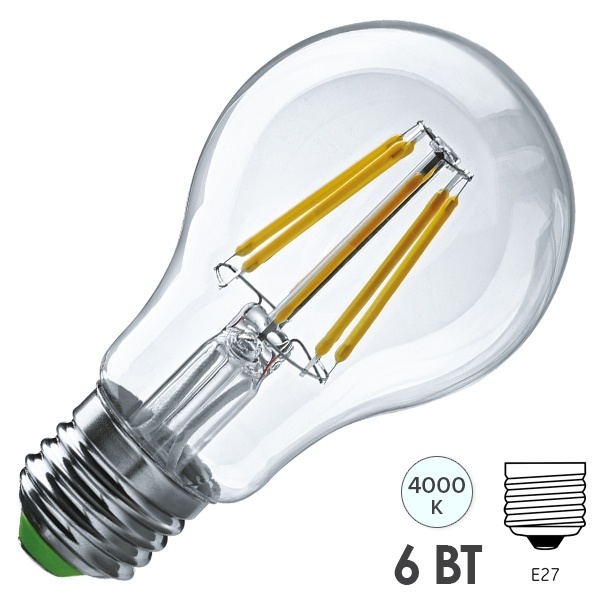 Лампа светодиодная филаментная 61 344 NLL-F-A60-6-230-4K-E27 6W 4000K прозрачная холодный свет