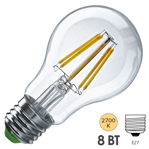 Лампа светодиодная филаментная 71 306 NLL-F-A60-8-230-2.7-E27 8W 2700K прозрачная теплый свет