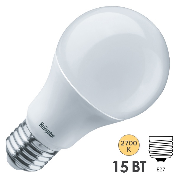 Лампа светодиодная Navigator 61 200 NLL-A60-15-230-2.7K-E27 15W 2700K 230V теплый свет