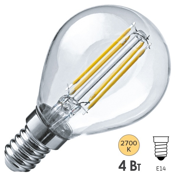 Лампа филаментная светодиодная шарик Navigator 71 309 NLL-F-G45-4-230-2.7K-E14 4W 2700K 220V